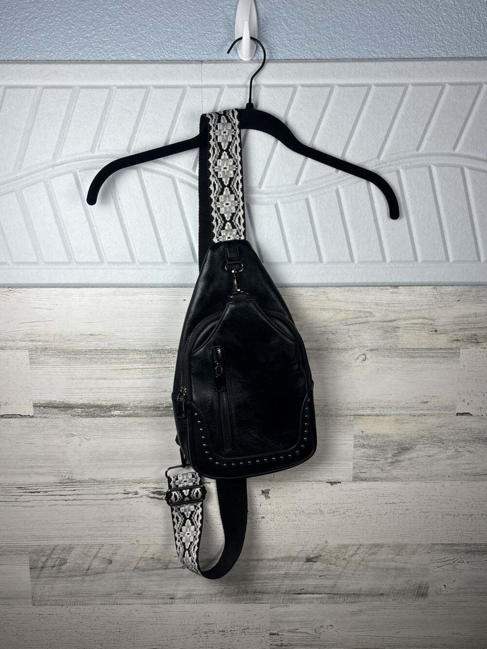 Sam & Hadley Black Studded Sling Bag with Patterned Guitar Strap